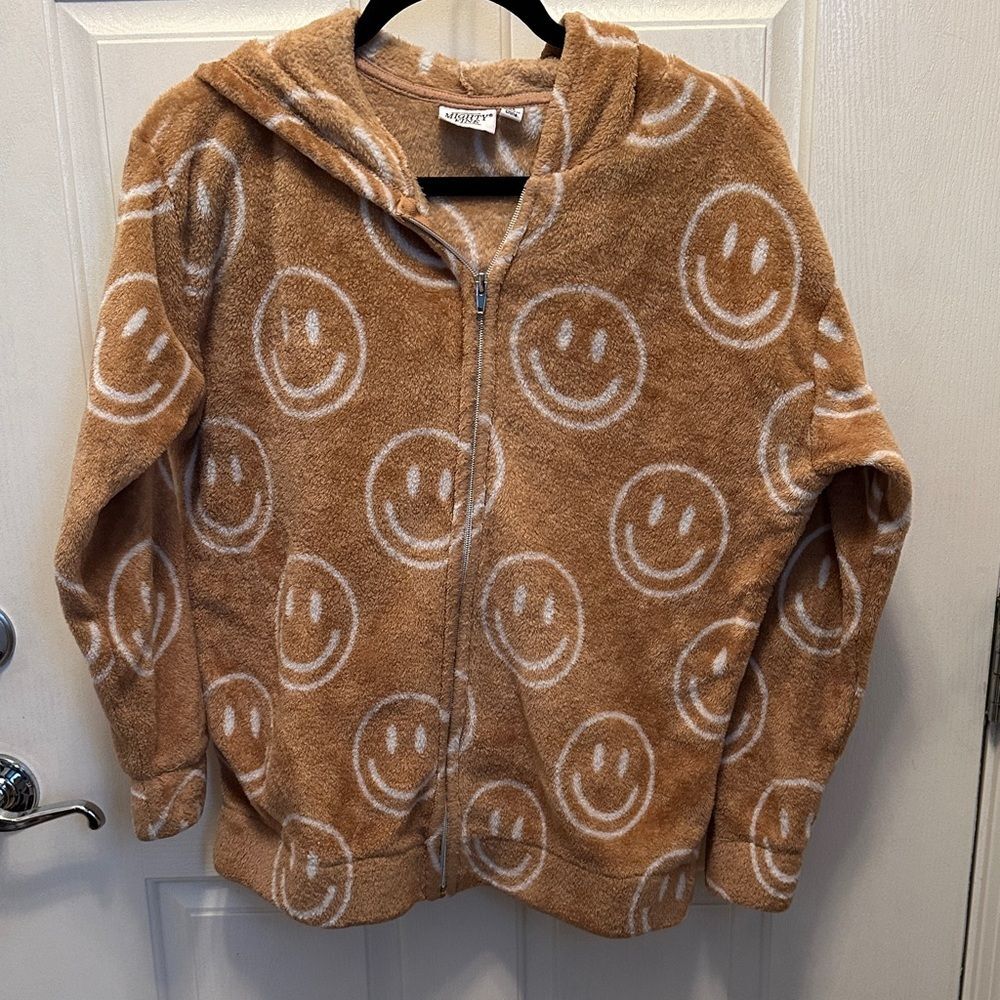Mighty Fine Brown Novelty Smiley Face Hoodie Size XS